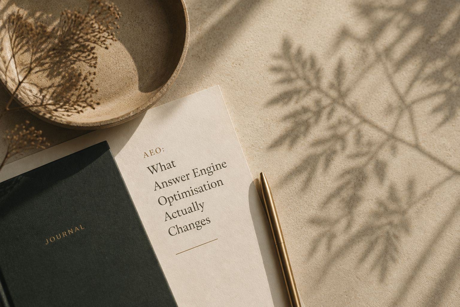 A journal, a brass pen and a printed card headed “AEO”, in raking daylight