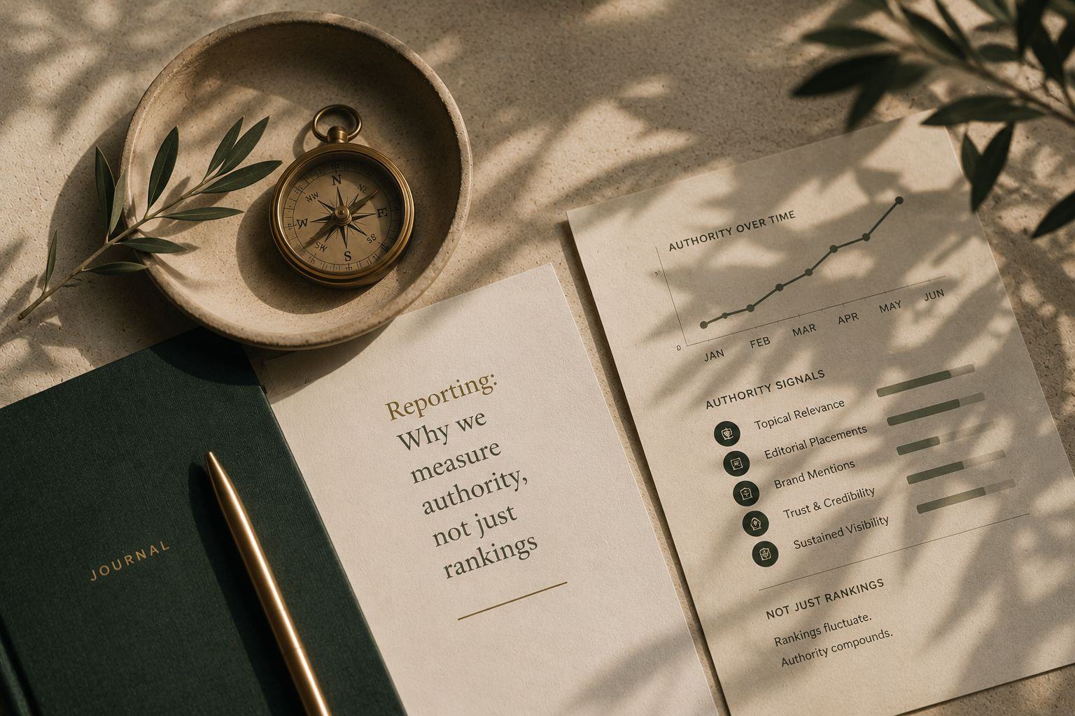 A brass compass in a ceramic dish beside a printed chart of authority signals