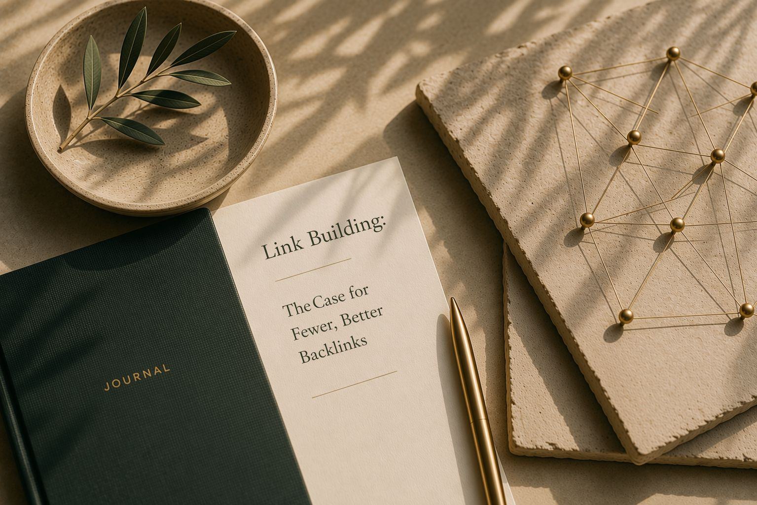 A board strung with brass pins and thread beside a printed card headed “Link Building”