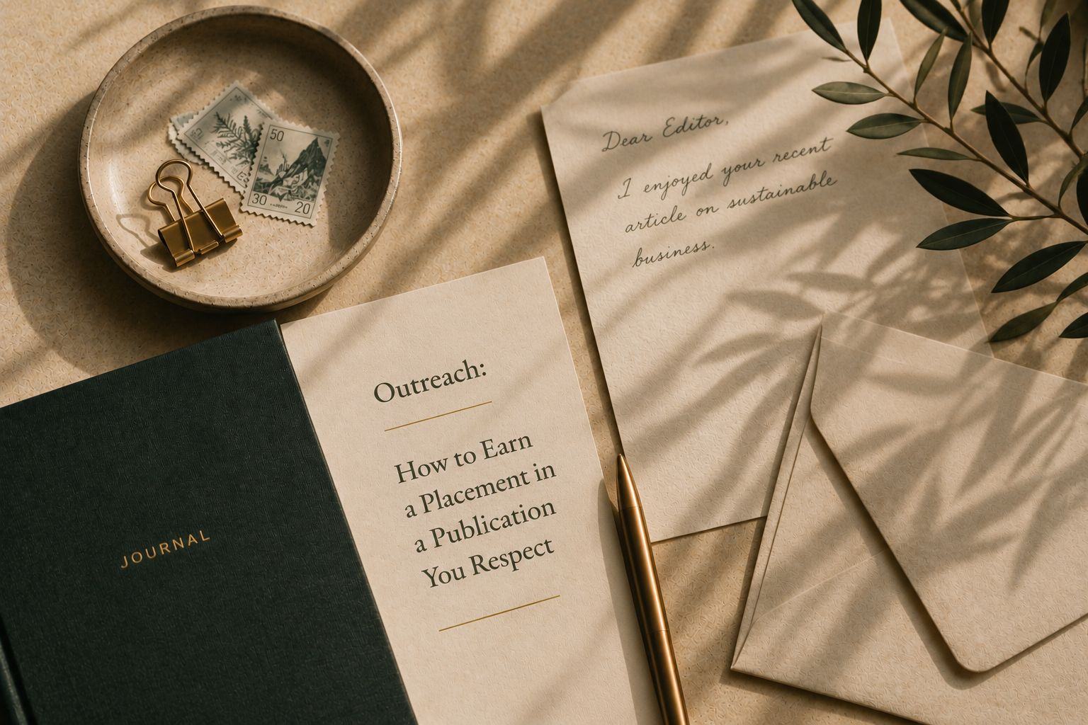 A handwritten letter opening “Dear Editor” beside stamps, an envelope and a brass pen