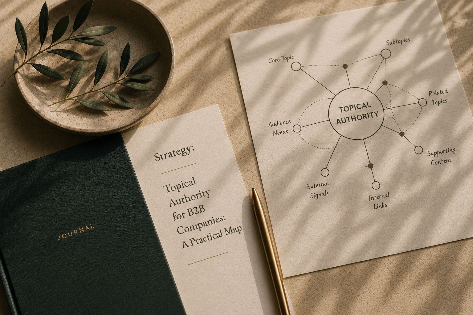 A printed diagram mapping topical authority out to related topics and supporting content