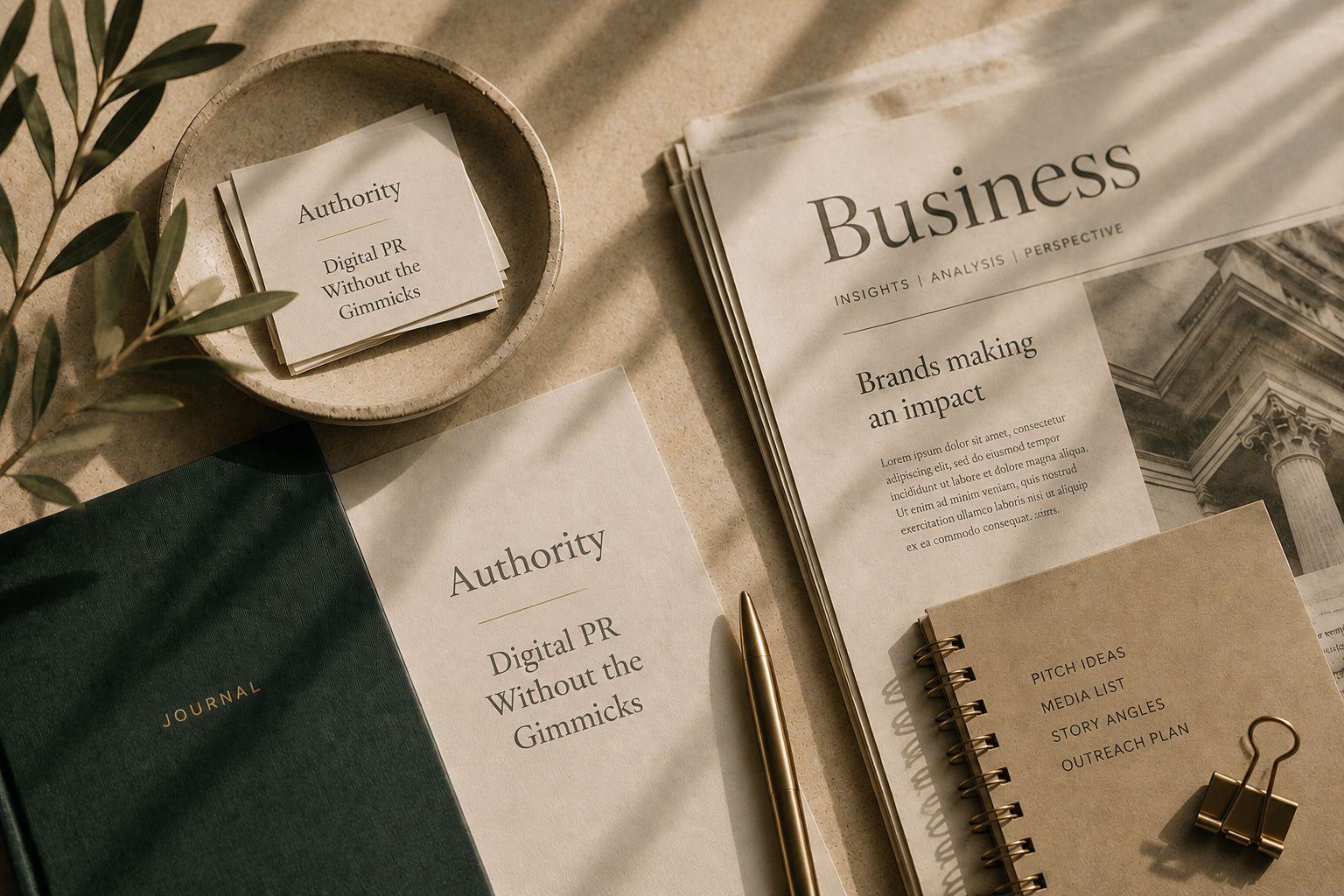 A business newspaper and a notebook listing pitch ideas, media list and story angles