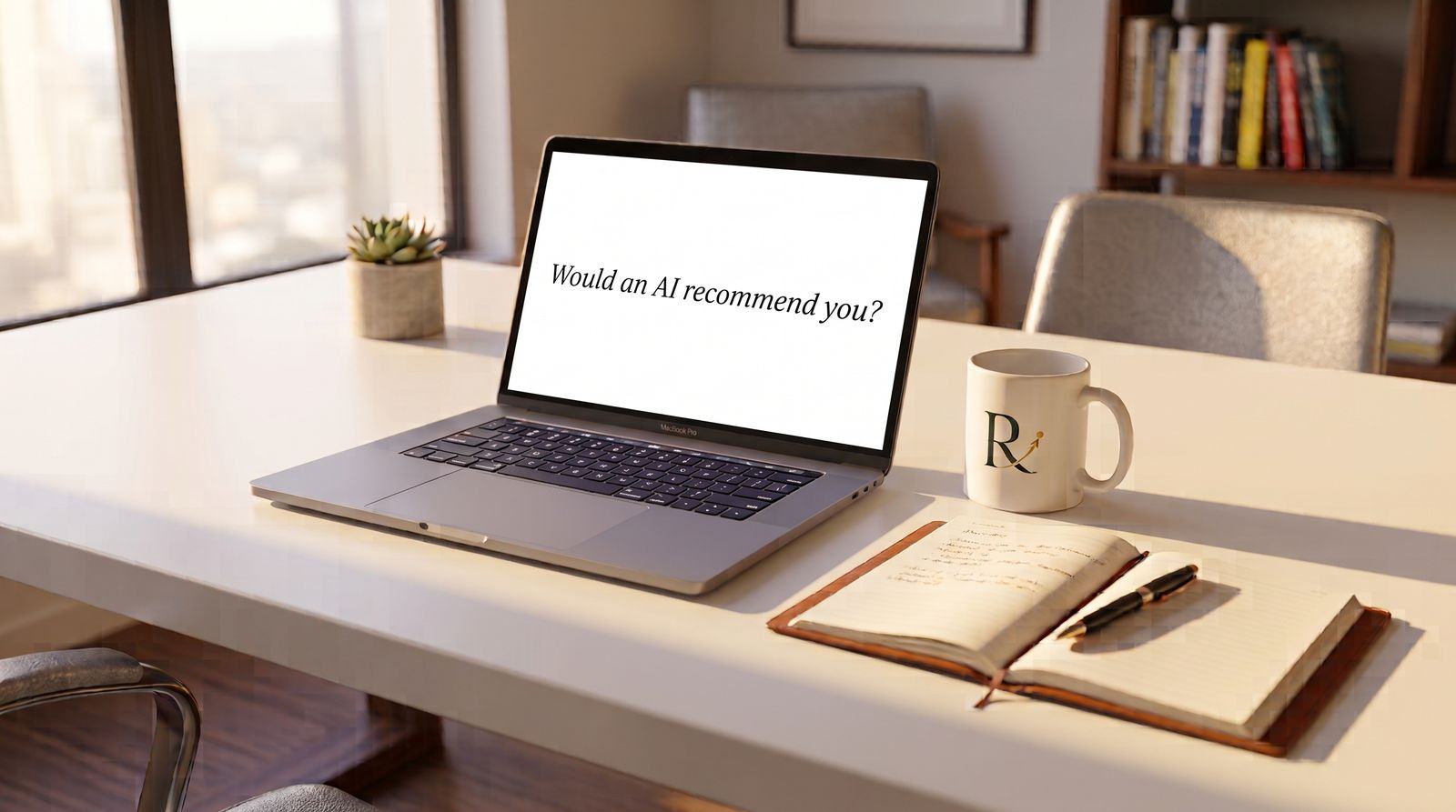 A laptop on a sunlit desk showing the question “Would an AI recommend you?”
