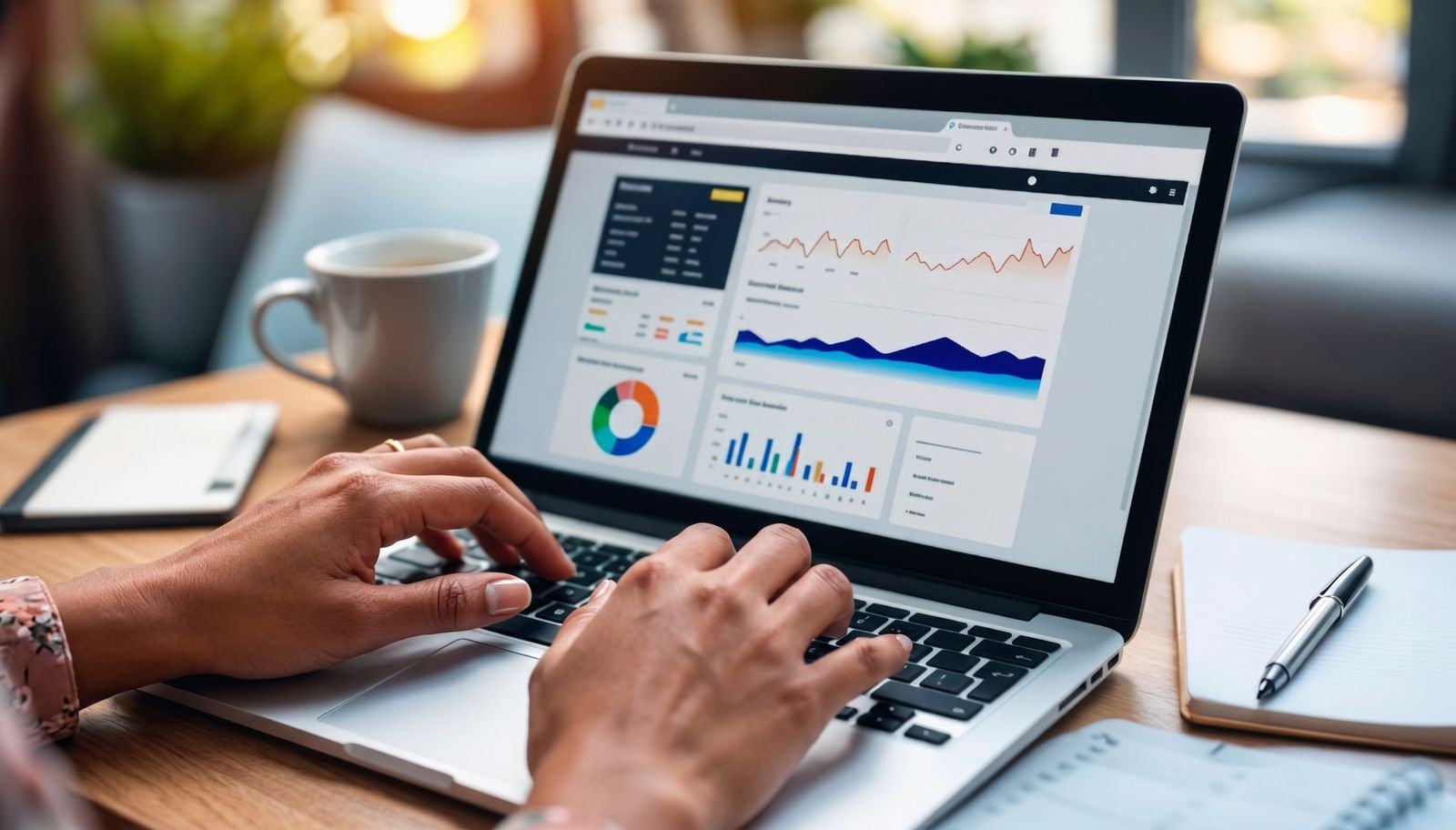 Hands typing on a laptop showing an analytics dashboard of traffic and conversion charts